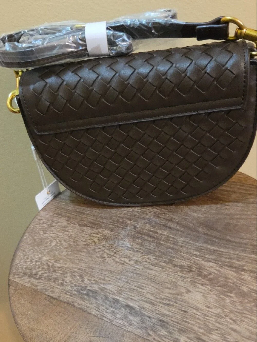 Urban Expressions Woven Saddle Crossbody Bag in Dark Brown with Gold Hardware